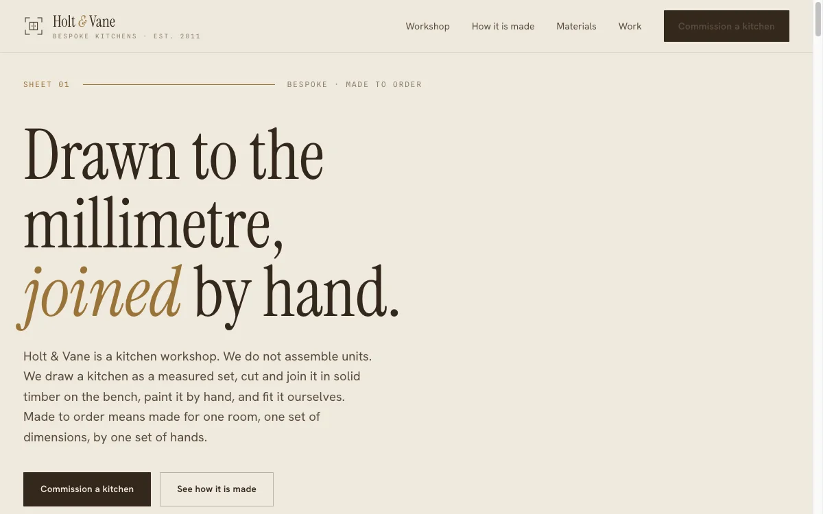 Holt & Vane Kitchens website - bespoke kitchens homepage
