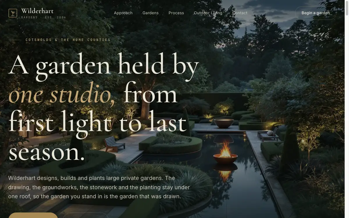 Wilderhart Gardens website - luxury landscape homepage