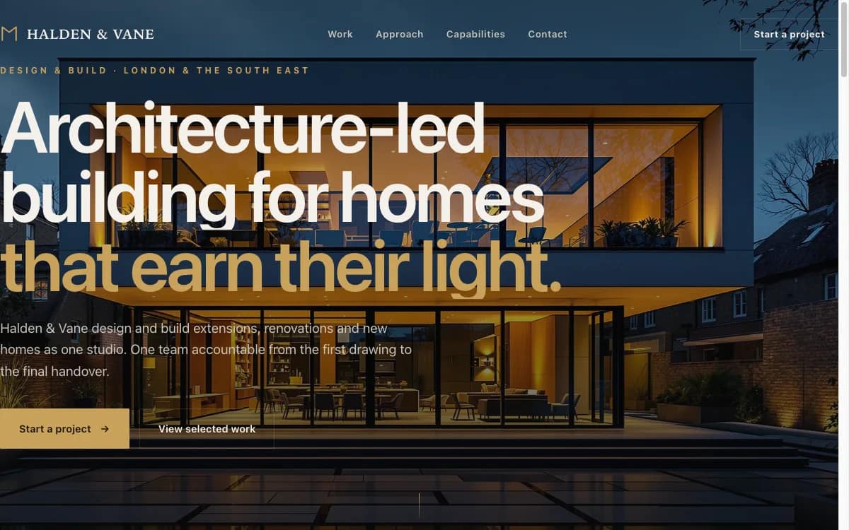 Halden & Vane website - architecture-led design & build homepage